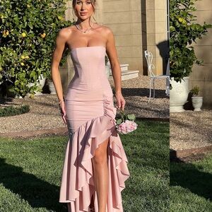 Pink Asymmetrical Ruffled Strapless Dress